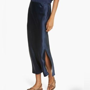 Vince Long Satin Side Slit Slip Skirt in Coastal Blue | Size XS
